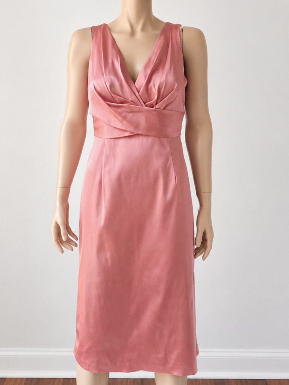 Donna Ricco Dusty Rose Satin Draped Surplice Midi Dress Size 8